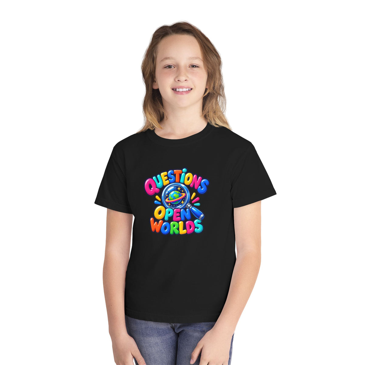 🌍 Questions Open Worlds Colorful Space Graphic Youth Tee