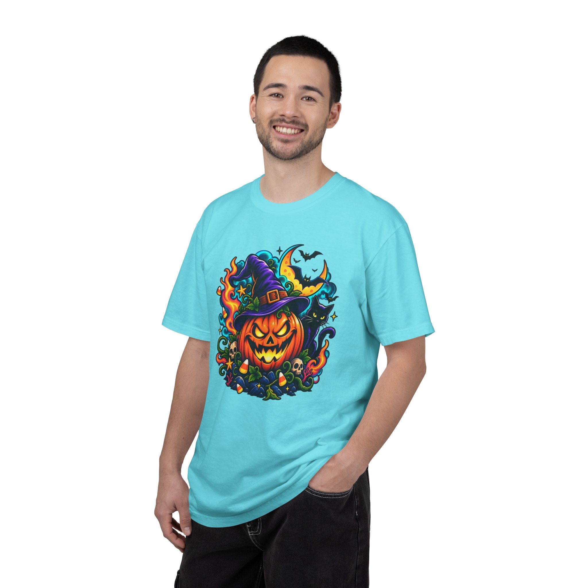 Unisex Halloween Pumpkin & Black Cat T-Shirt | Colorful Spooky Adult Tee