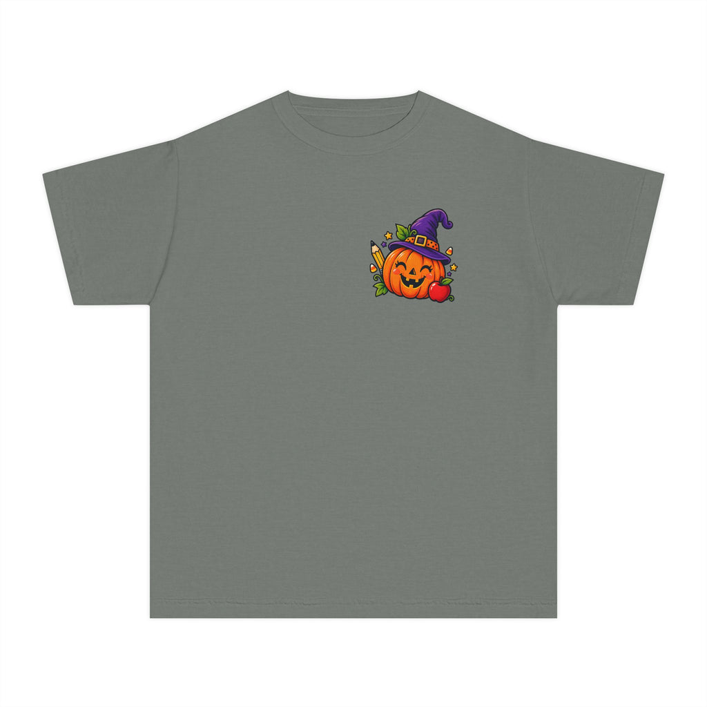 Kids Halloween Pumpkin Witch Hat Tee — Cute Jack-O'-Lantern with Apple & Pencils