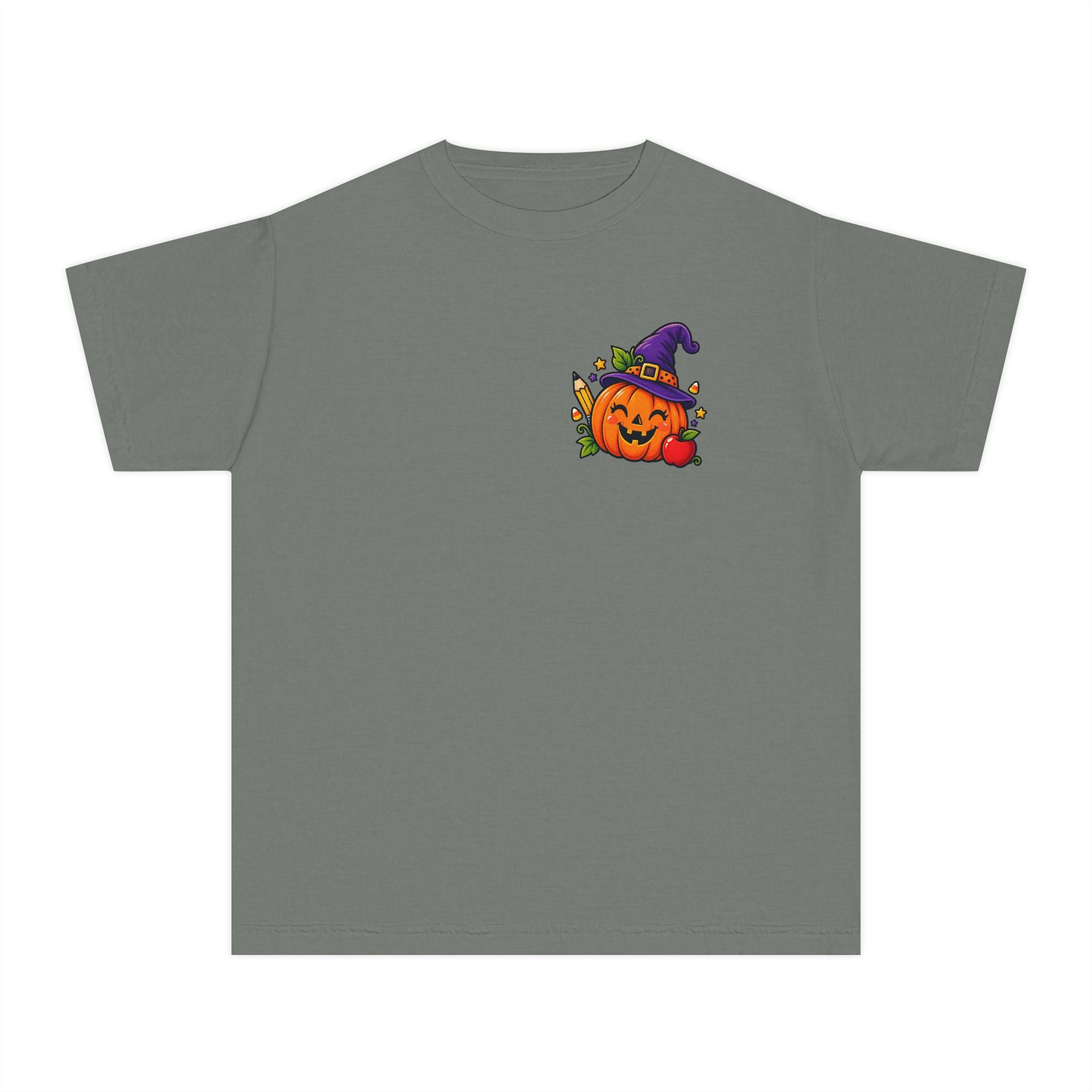 Kids Halloween Pumpkin Witch Hat Tee — Cute Jack-O'-Lantern with Apple & Pencils