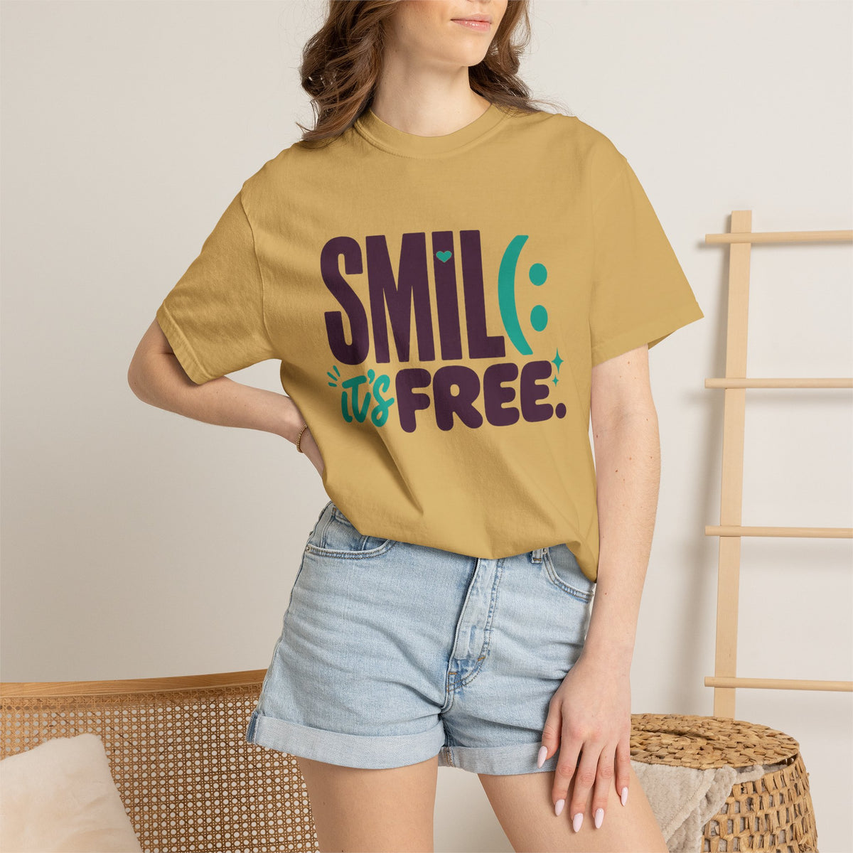 SMIL(: IT’S FREE. Plum & Teal Garment-Dyed Graphic Tee