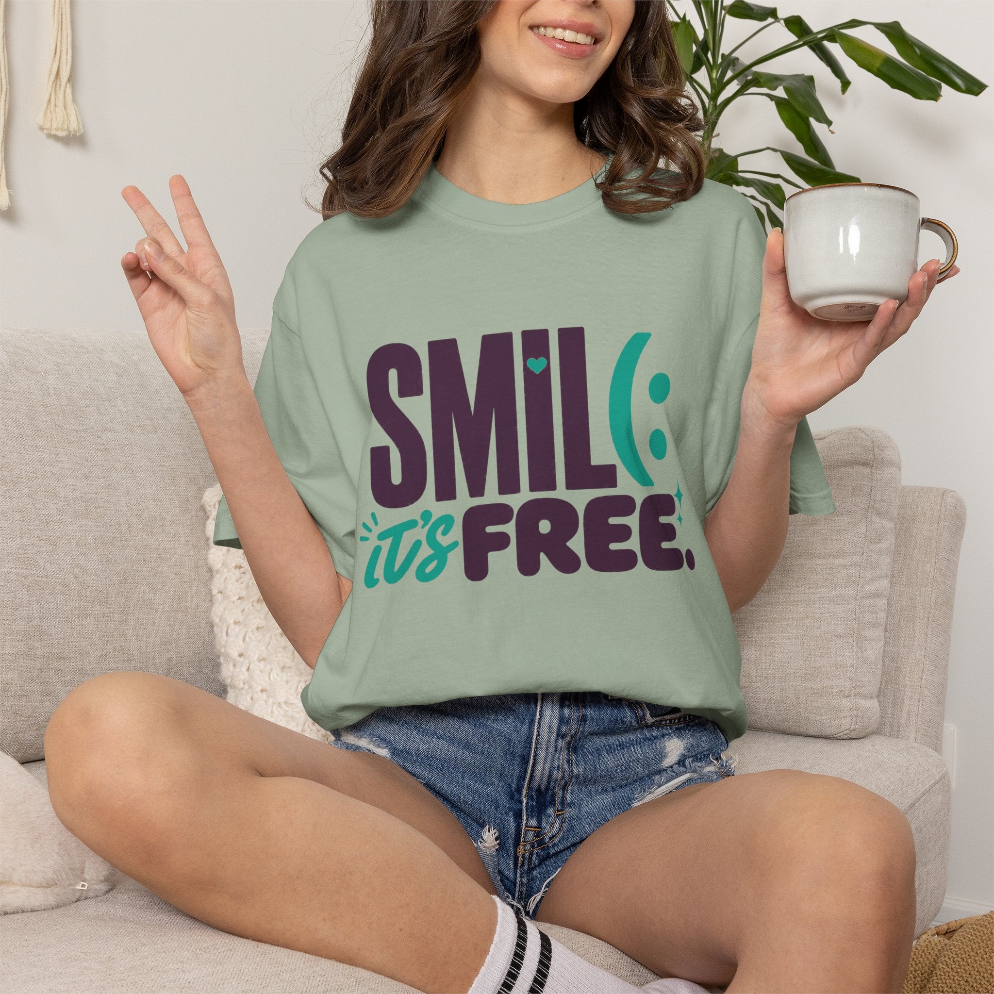 SMIL(: IT’S FREE. Plum & Teal Garment-Dyed Graphic Tee