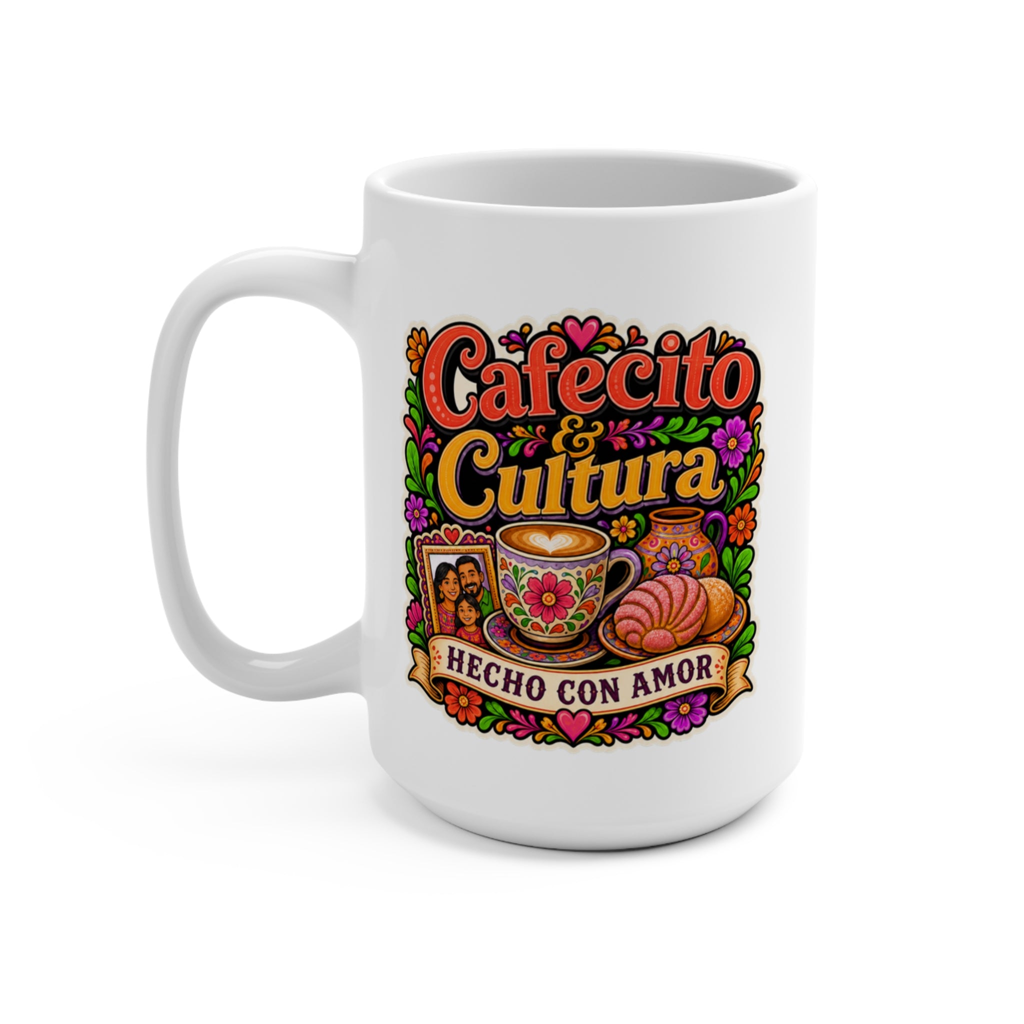 Cafecito and Cultura Mug - Hecho Con Amor Coffee Cup - Colorful Hispanic Heritage Gift for Latina Women, Coffee Lovers and Families