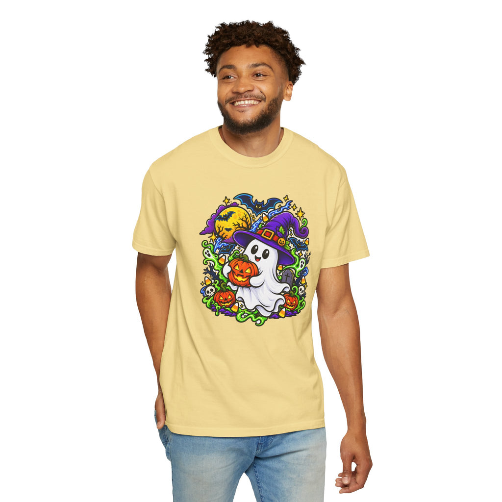 Unisex Halloween Ghost & Pumpkin Tee | Vibrant Spooky Adult Shirt