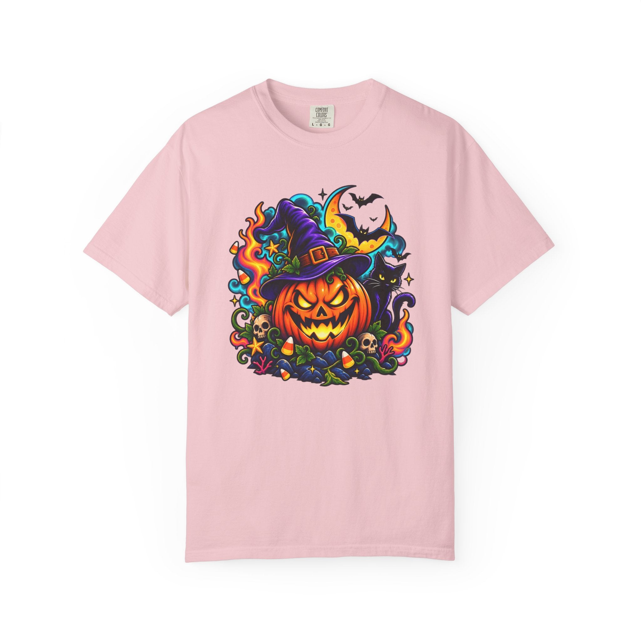 Unisex Halloween Pumpkin & Black Cat T-Shirt | Colorful Spooky Adult Tee