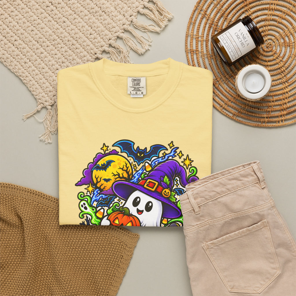 Unisex Halloween Ghost & Pumpkin Tee | Vibrant Spooky Adult Shirt