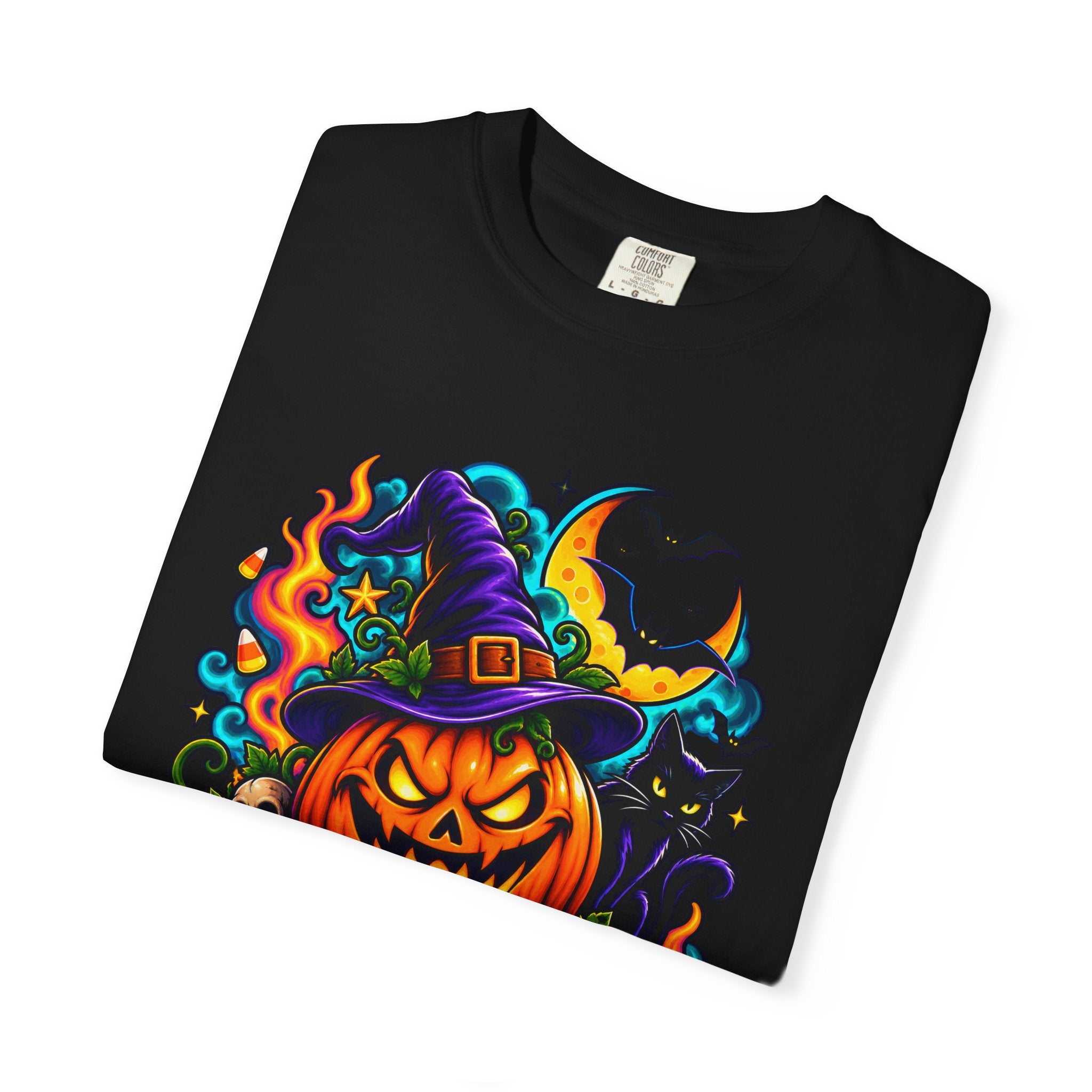 Unisex Halloween Pumpkin & Black Cat T-Shirt | Colorful Spooky Adult Tee