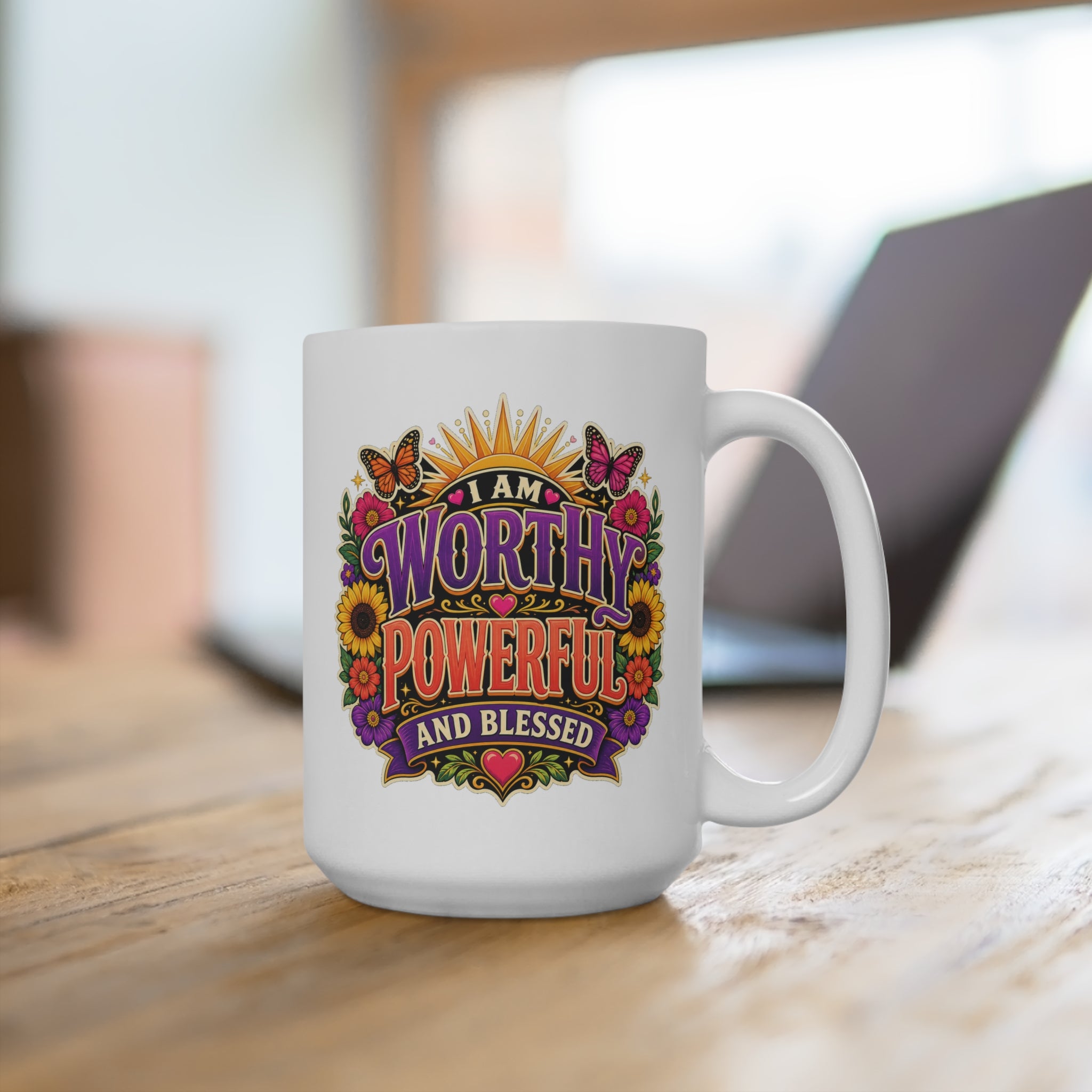 I Am Worthy Powerful and Blessed Mug - Inspirational Coffee Cup - Affirmation Gift for Women, Self Love, Confidence and Encouragement
