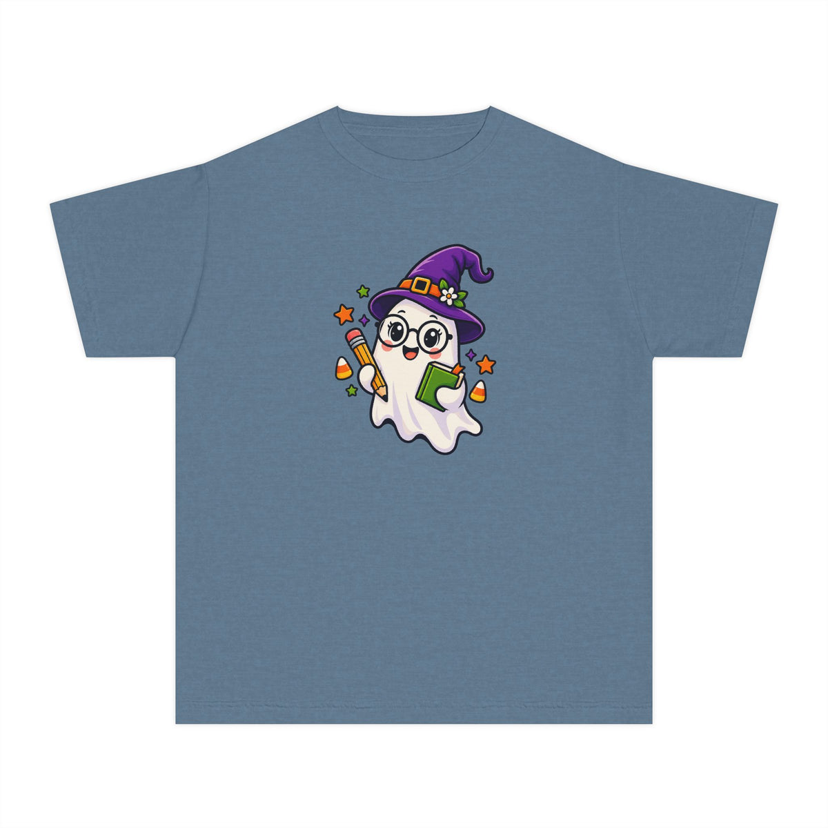 Kids Halloween Ghost Tee — Cute Witch Hat Ghost with Candy Corn & Trick-or-Treat Book