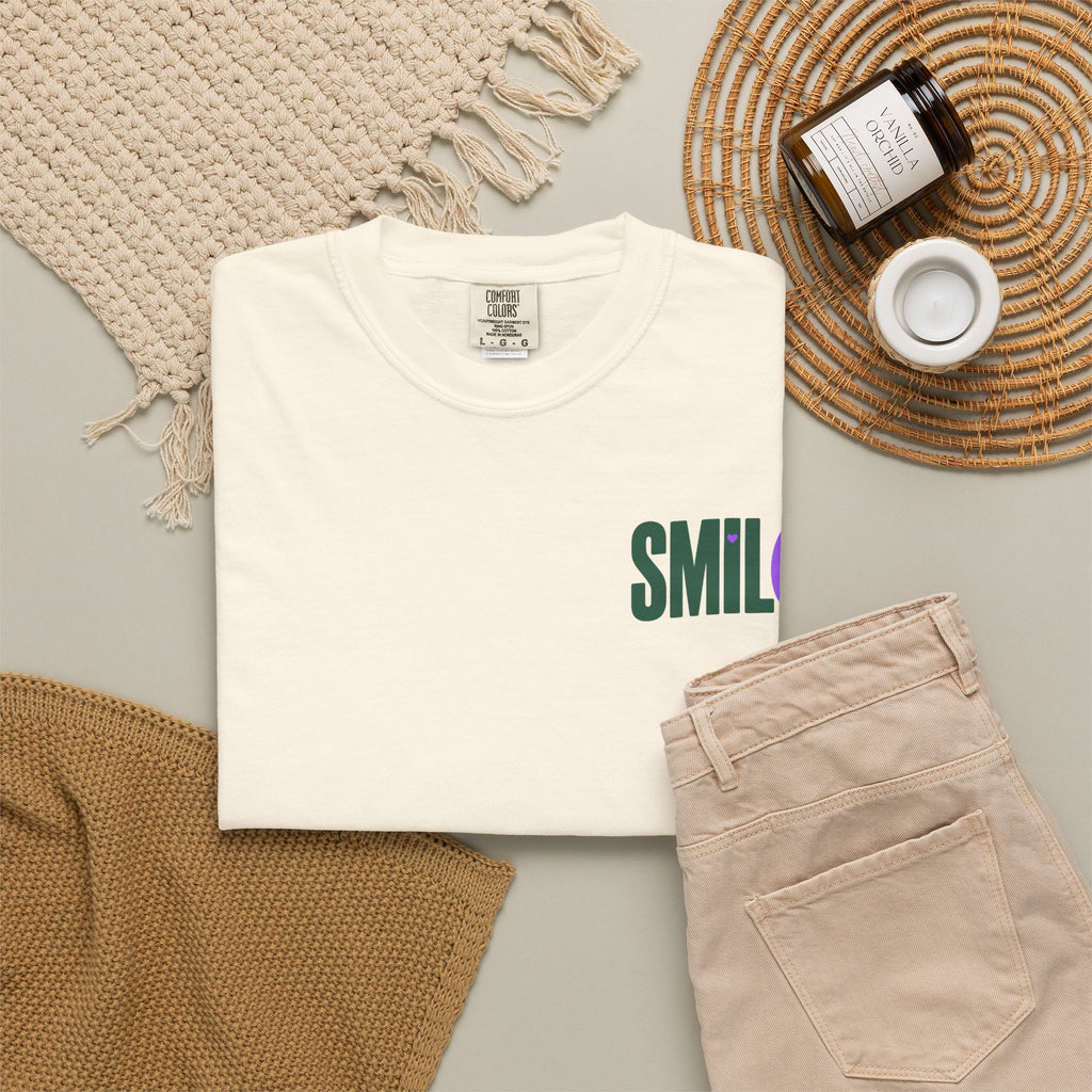 SMIL(: IT’S FREE. Green & Purple Front-and-Back Garment-Dyed Tee