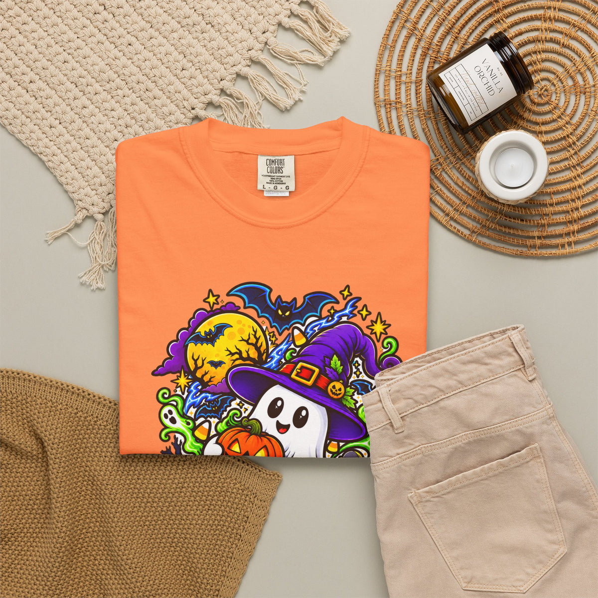 Unisex Halloween Ghost & Pumpkin Tee | Vibrant Spooky Adult Shirt