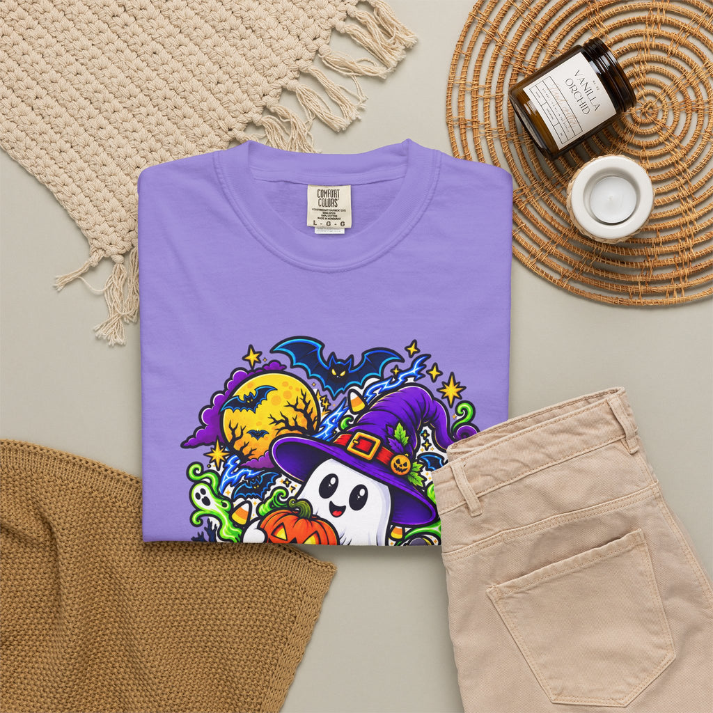 Unisex Halloween Ghost & Pumpkin Tee | Vibrant Spooky Adult Shirt