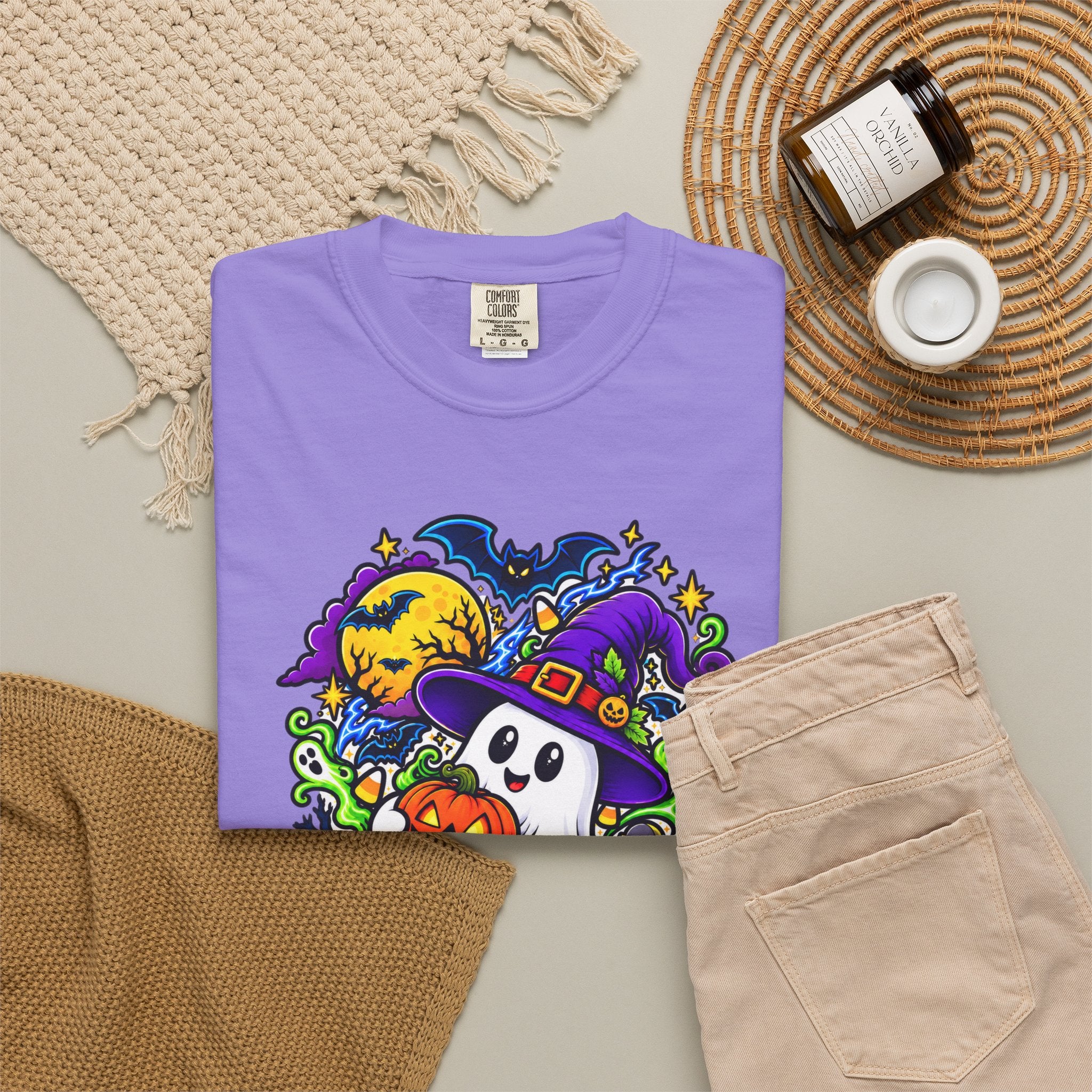 Unisex Halloween Ghost & Pumpkin Tee | Vibrant Spooky Adult Shirt