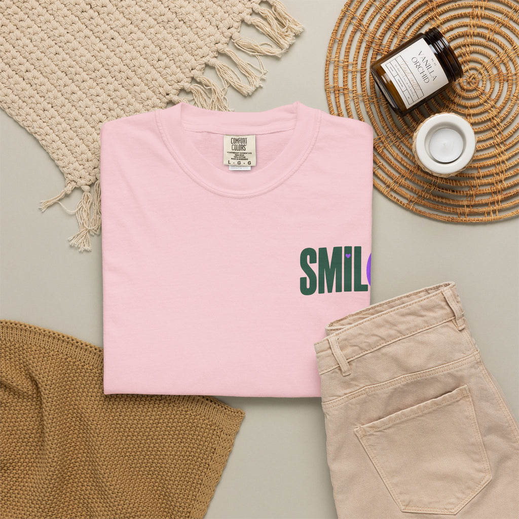 SMIL(: IT’S FREE. Green & Purple Front-and-Back Garment-Dyed Tee
