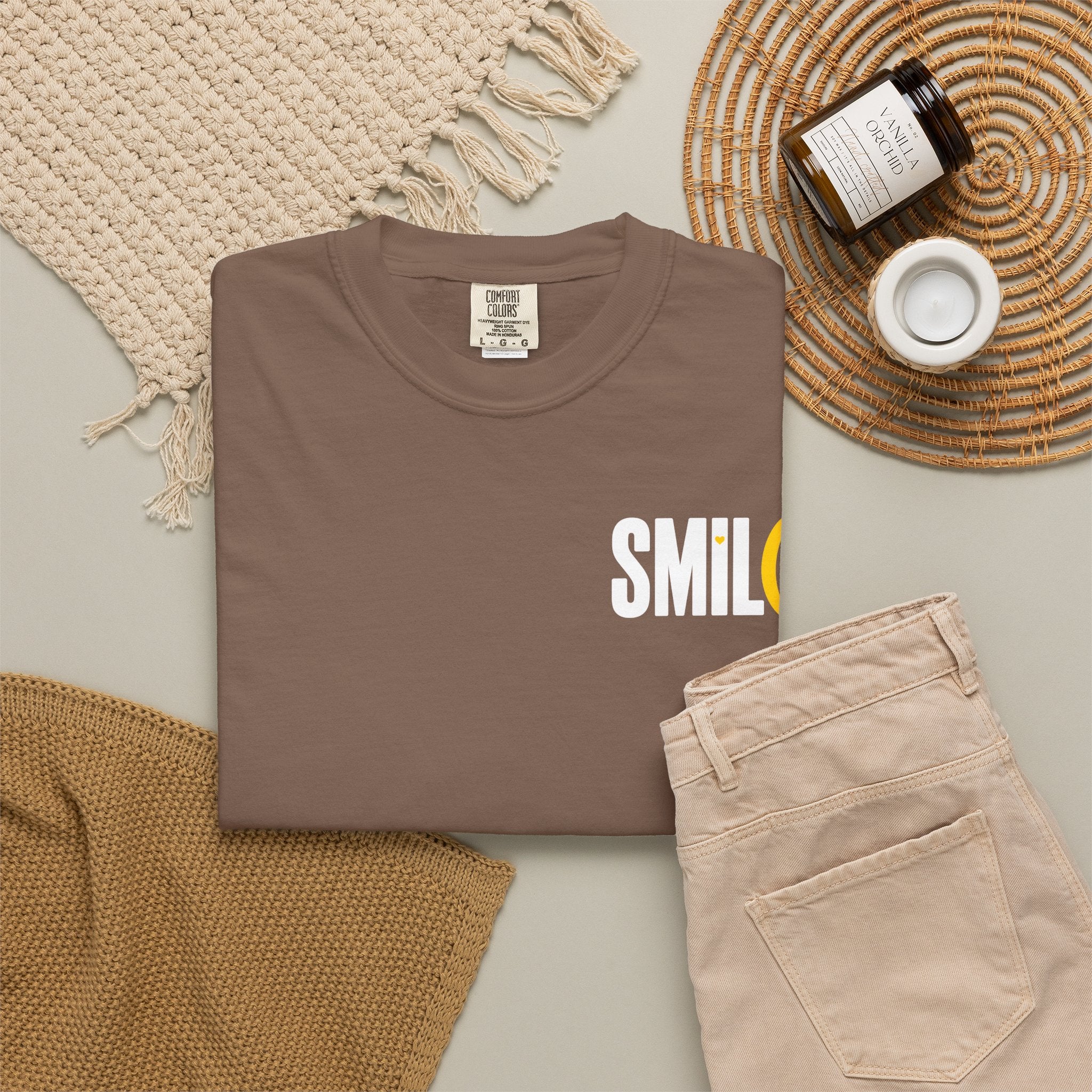 SMIL(: IT’S FREE. White & Yellow Front-and-Back Garment-Dyed Tee
