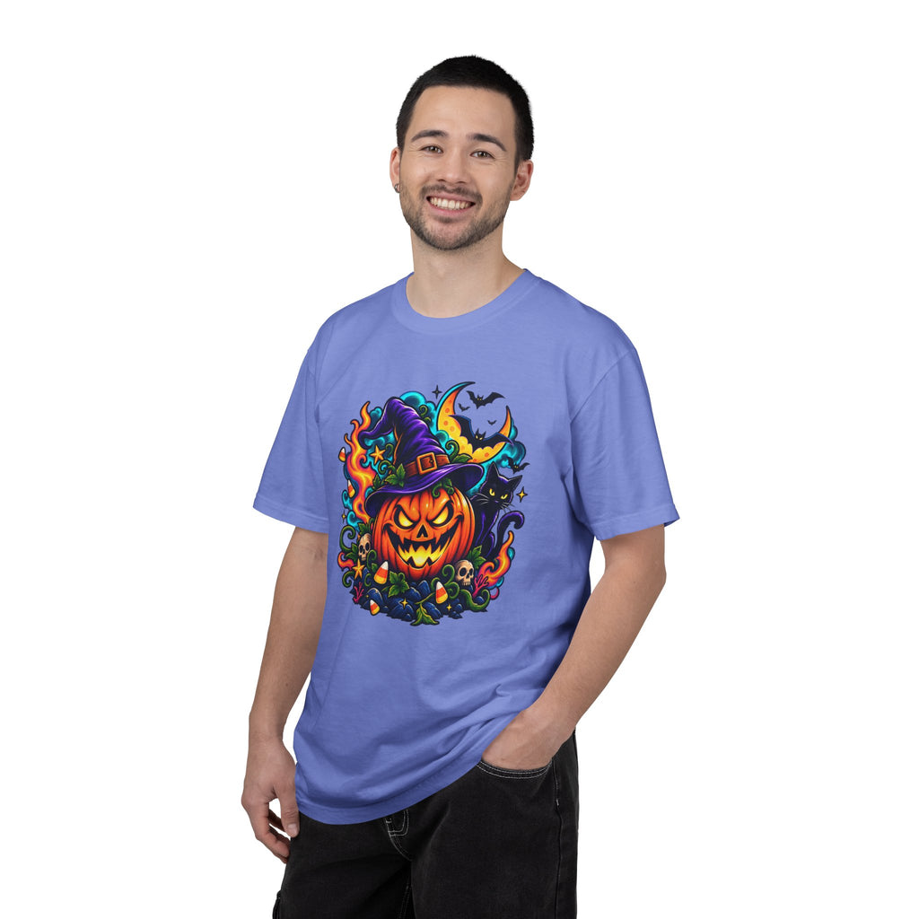 Unisex Halloween Pumpkin & Black Cat T-Shirt | Colorful Spooky Adult Tee