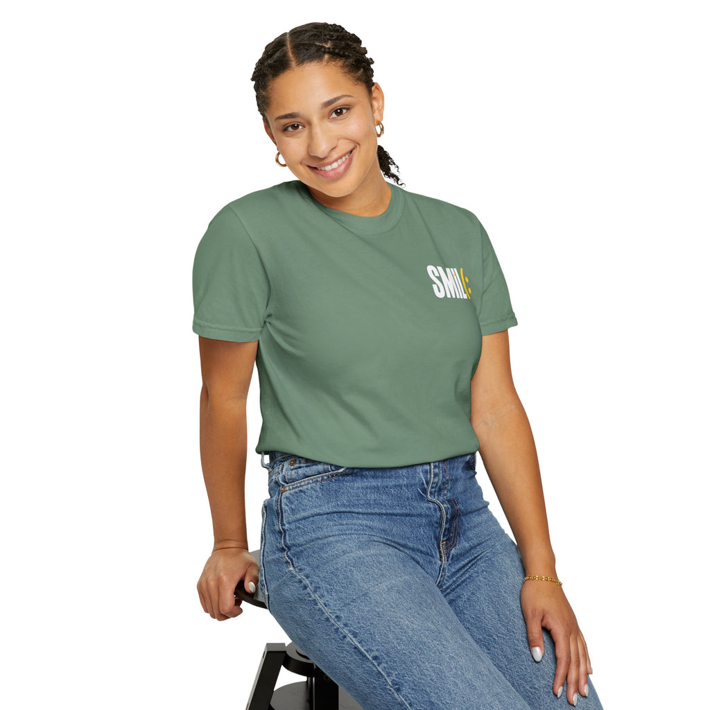 SMIL(: IT’S FREE. White & Yellow Front-and-Back Garment-Dyed Tee