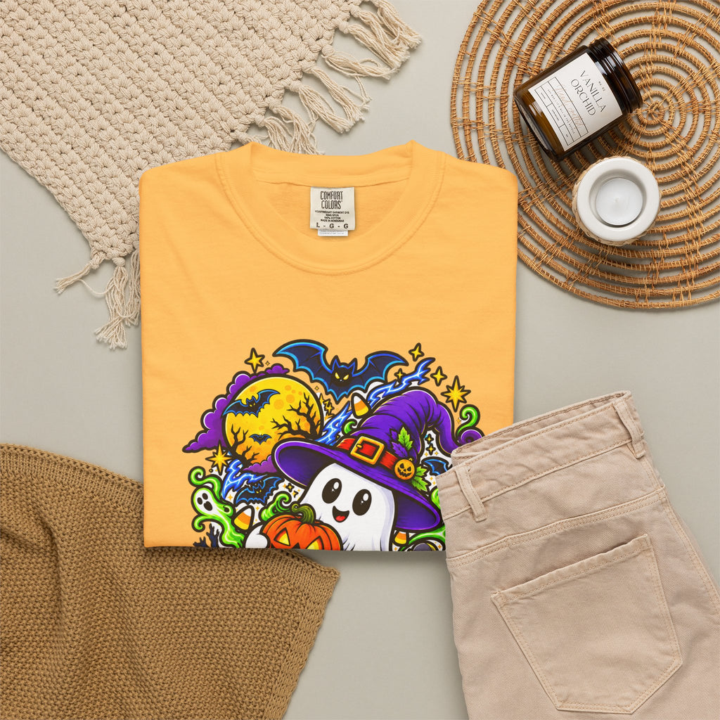 Unisex Halloween Ghost & Pumpkin Tee | Vibrant Spooky Adult Shirt