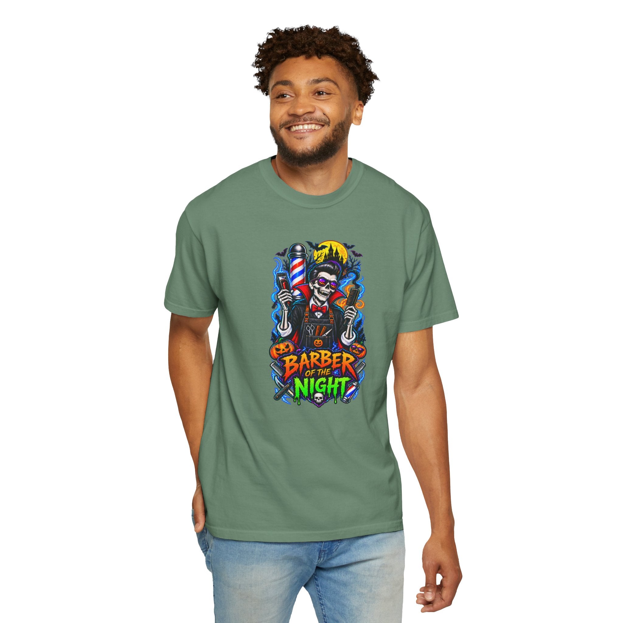 Barber of the Night Halloween Tee – Adult Unisex Barbershop Shirt