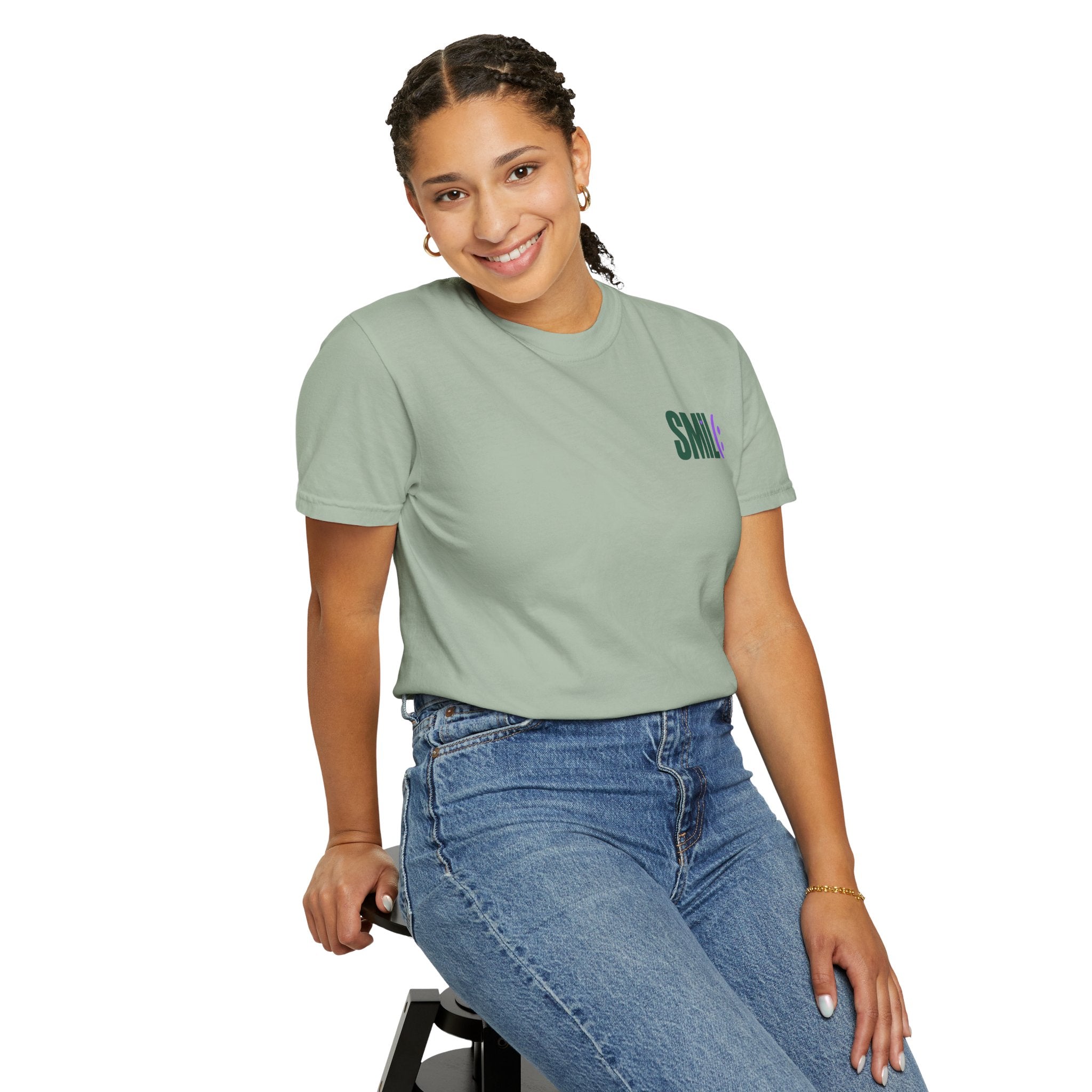 SMIL(: IT’S FREE. Green & Purple Front-and-Back Garment-Dyed Tee