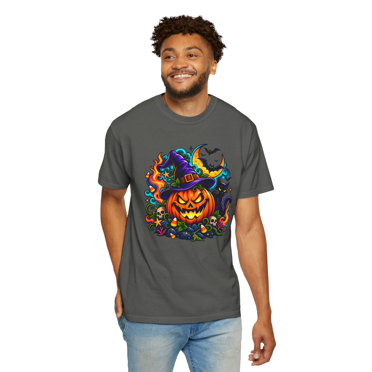 Unisex Halloween Pumpkin & Black Cat T-Shirt | Colorful Spooky Adult Tee