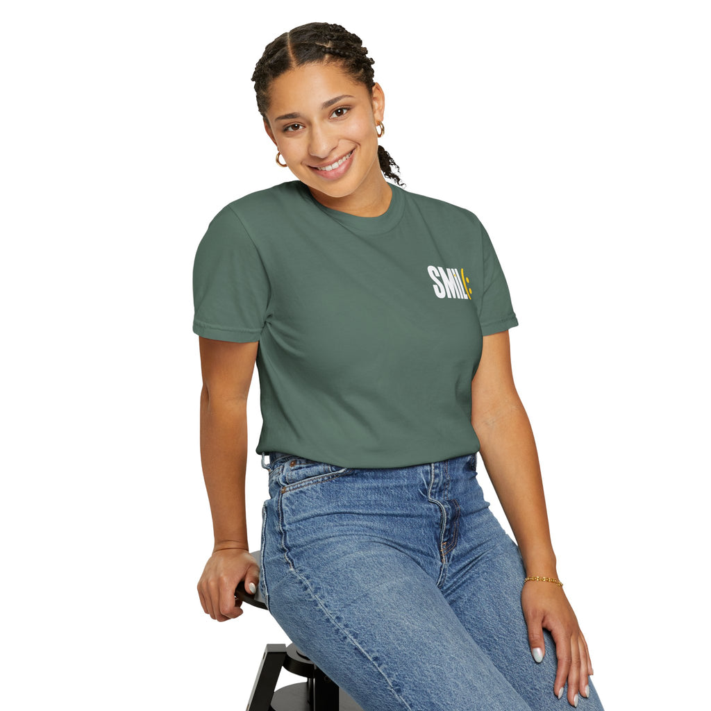 SMIL(: IT’S FREE. White & Yellow Front-and-Back Garment-Dyed Tee