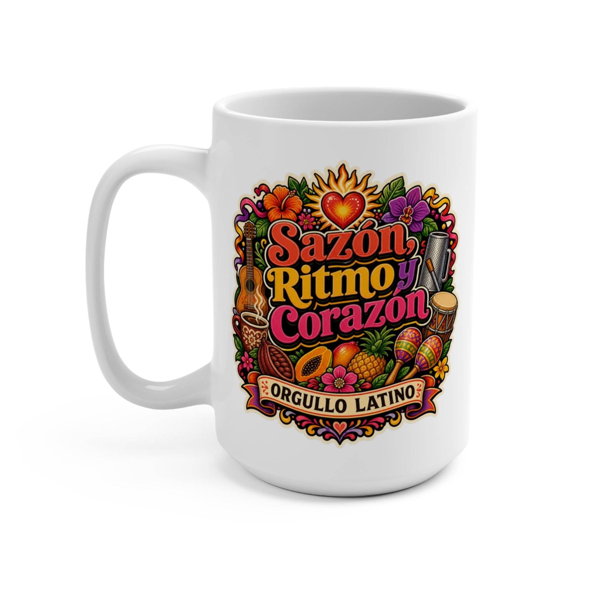 Sazón Ritmo y Corazón Mug - Orgullo Latino Coffee Cup - Colorful Hispanic Heritage Gift for Latino Families, Music Lovers and Foodies