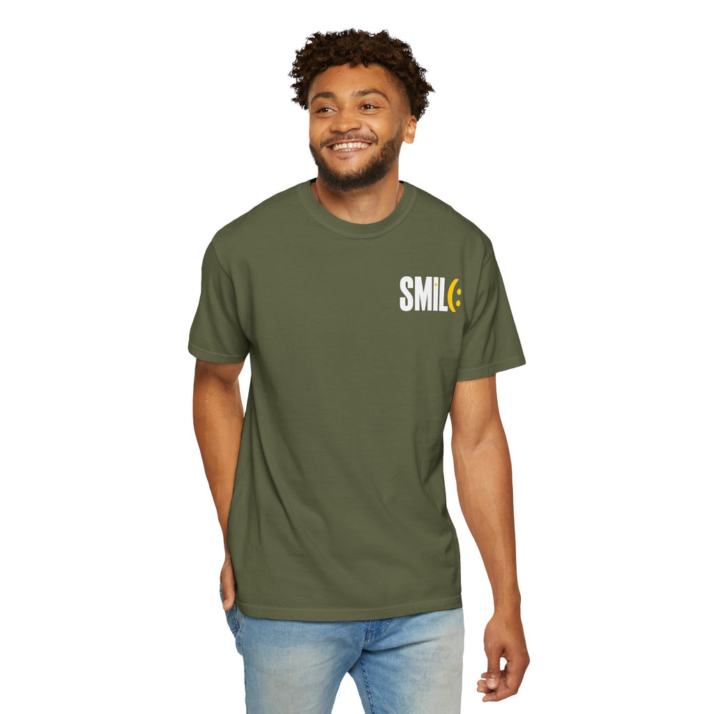 SMIL(: IT’S FREE. White & Yellow Front-and-Back Garment-Dyed Tee