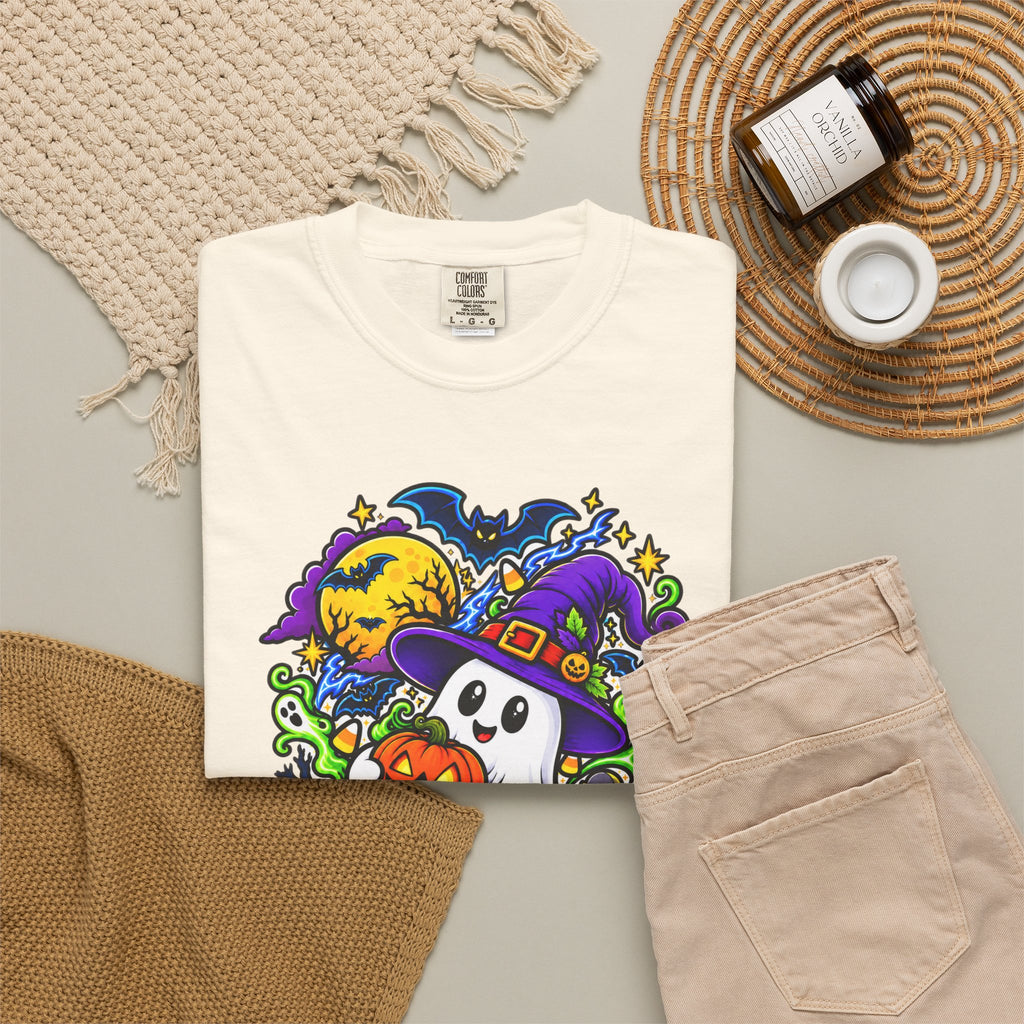Unisex Halloween Ghost & Pumpkin Tee | Vibrant Spooky Adult Shirt