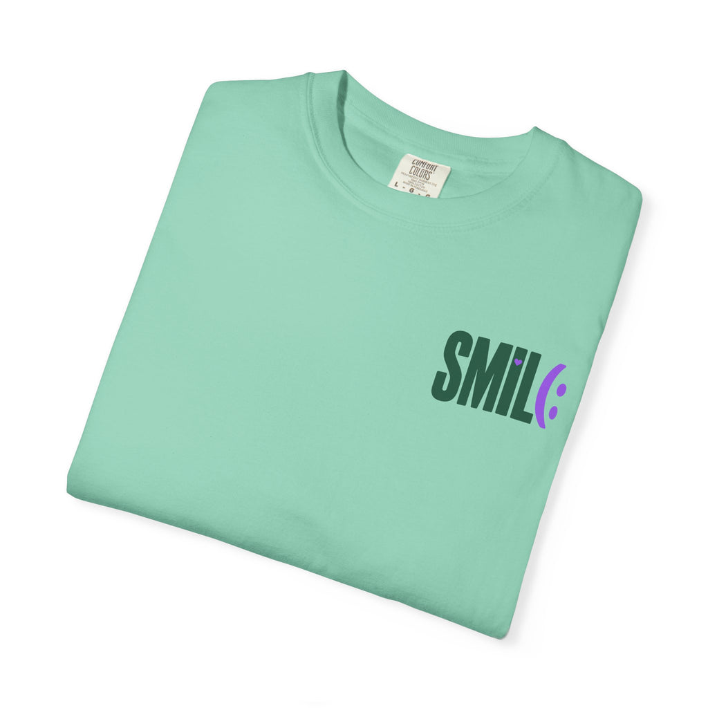 SMIL(: IT’S FREE. Green & Purple Front-and-Back Garment-Dyed Tee