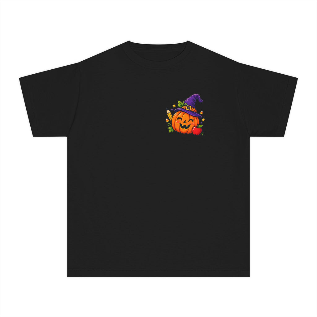 Kids Halloween Pumpkin Witch Hat Tee — Cute Jack-O'-Lantern with Apple & Pencils