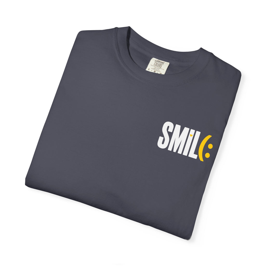 SMIL(: IT’S FREE. White & Yellow Front-and-Back Garment-Dyed Tee