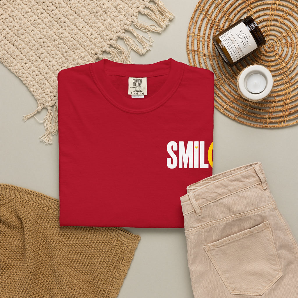 SMIL(: IT’S FREE. White & Yellow Front-and-Back Garment-Dyed Tee