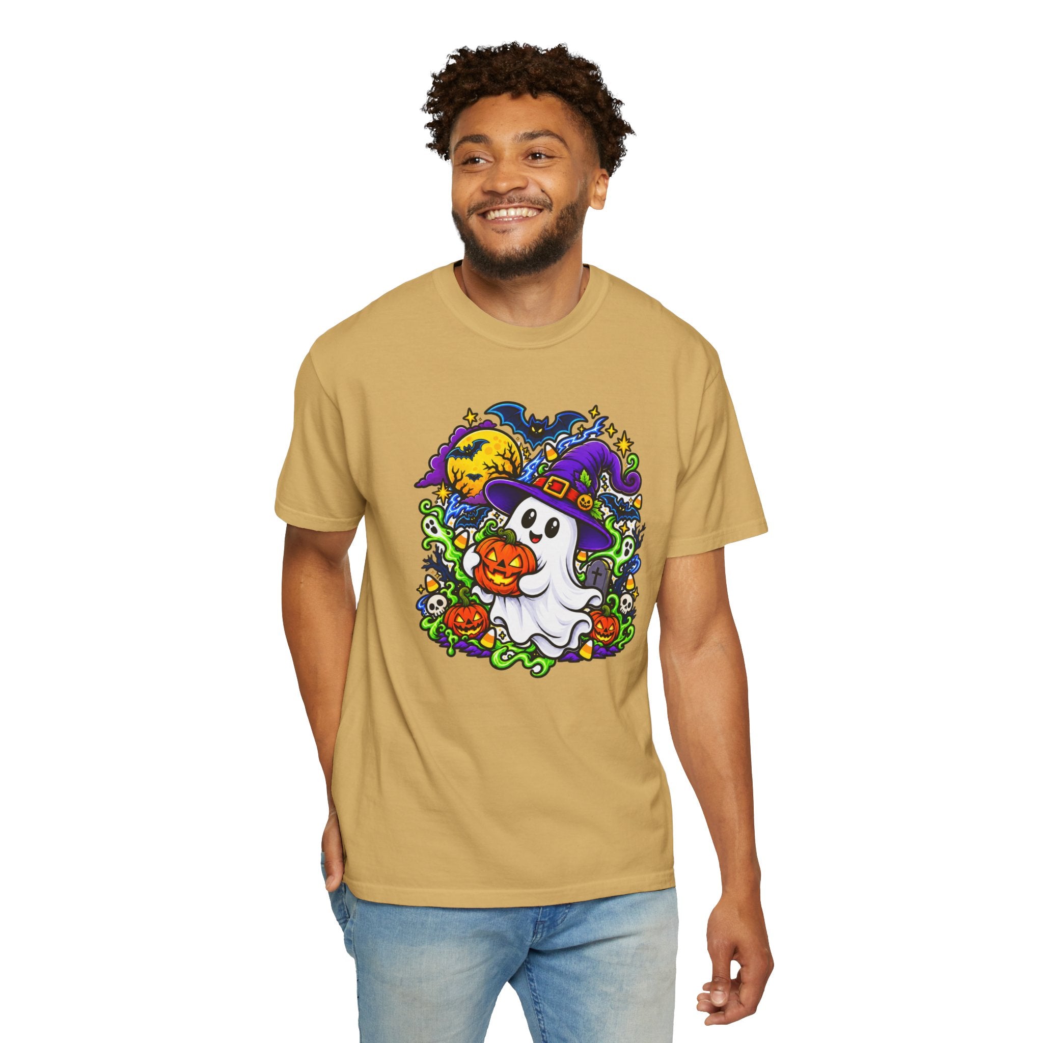 Unisex Halloween Ghost & Pumpkin Tee | Vibrant Spooky Adult Shirt