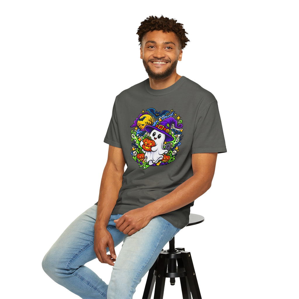 Unisex Halloween Ghost & Pumpkin Tee | Vibrant Spooky Adult Shirt