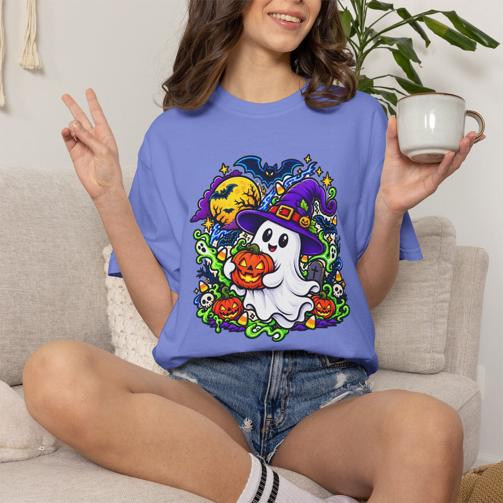 Unisex Halloween Ghost & Pumpkin Tee | Vibrant Spooky Adult Shirt