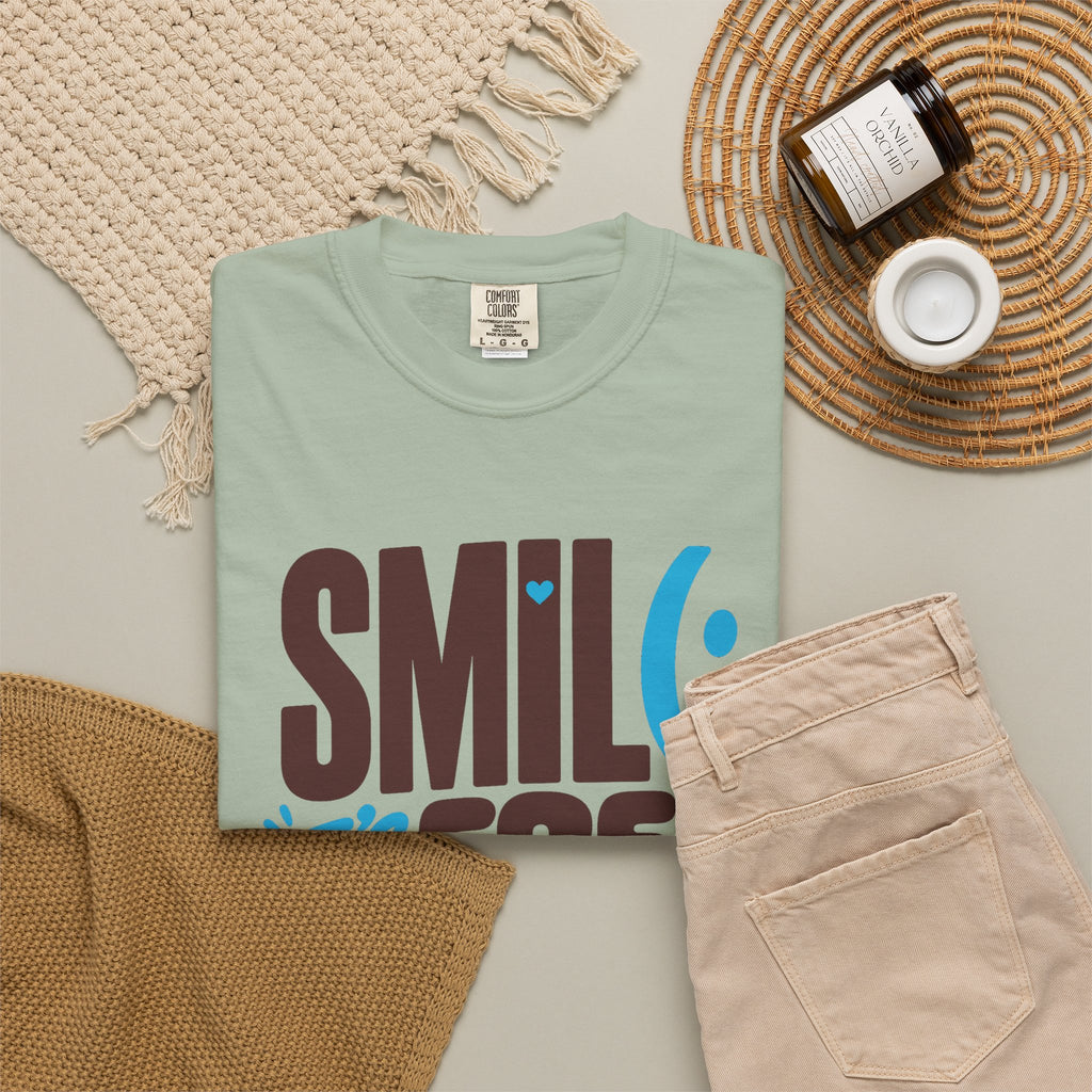 SMIL(: IT’S FREE. Brown & Bright Blue Garment-Dyed Graphic Tee