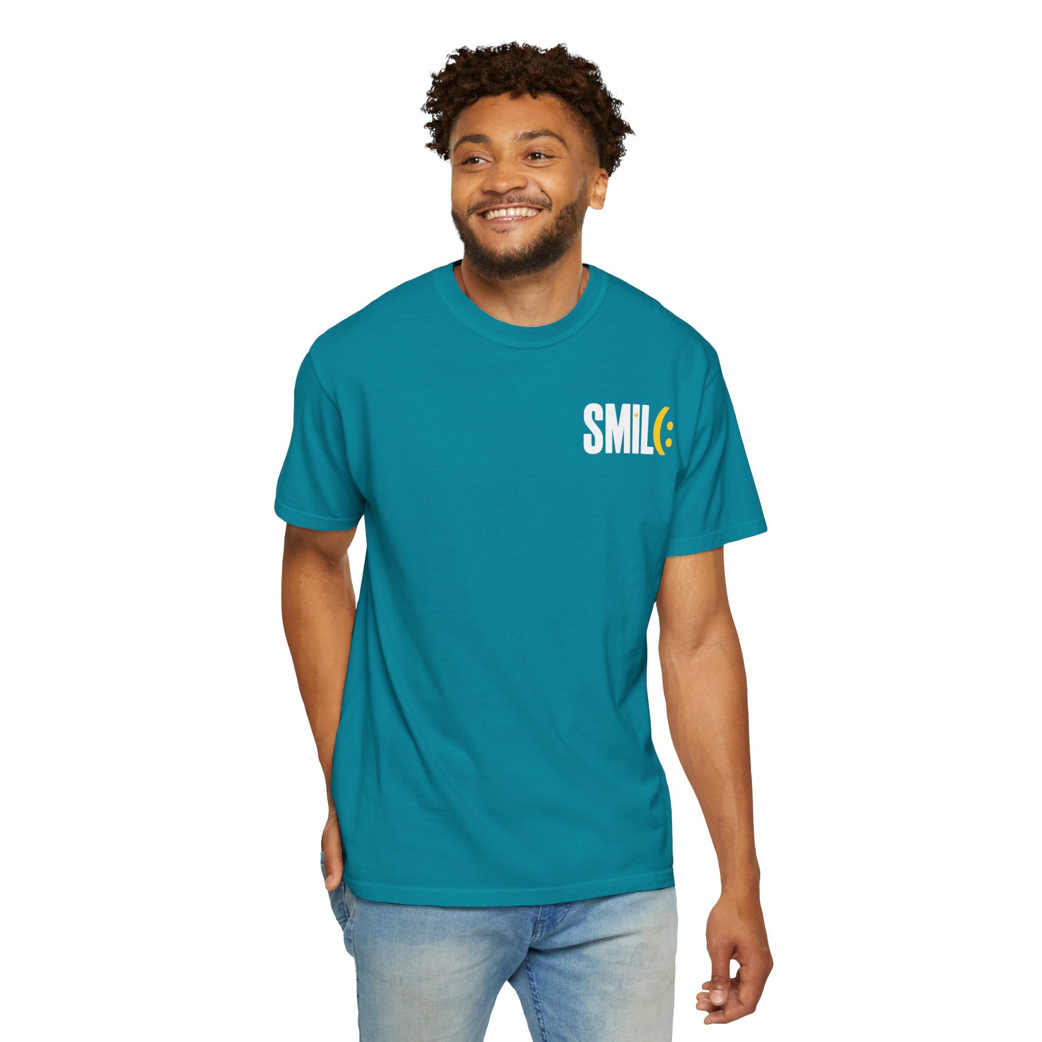 SMIL(: IT’S FREE. White & Yellow Front-and-Back Garment-Dyed Tee