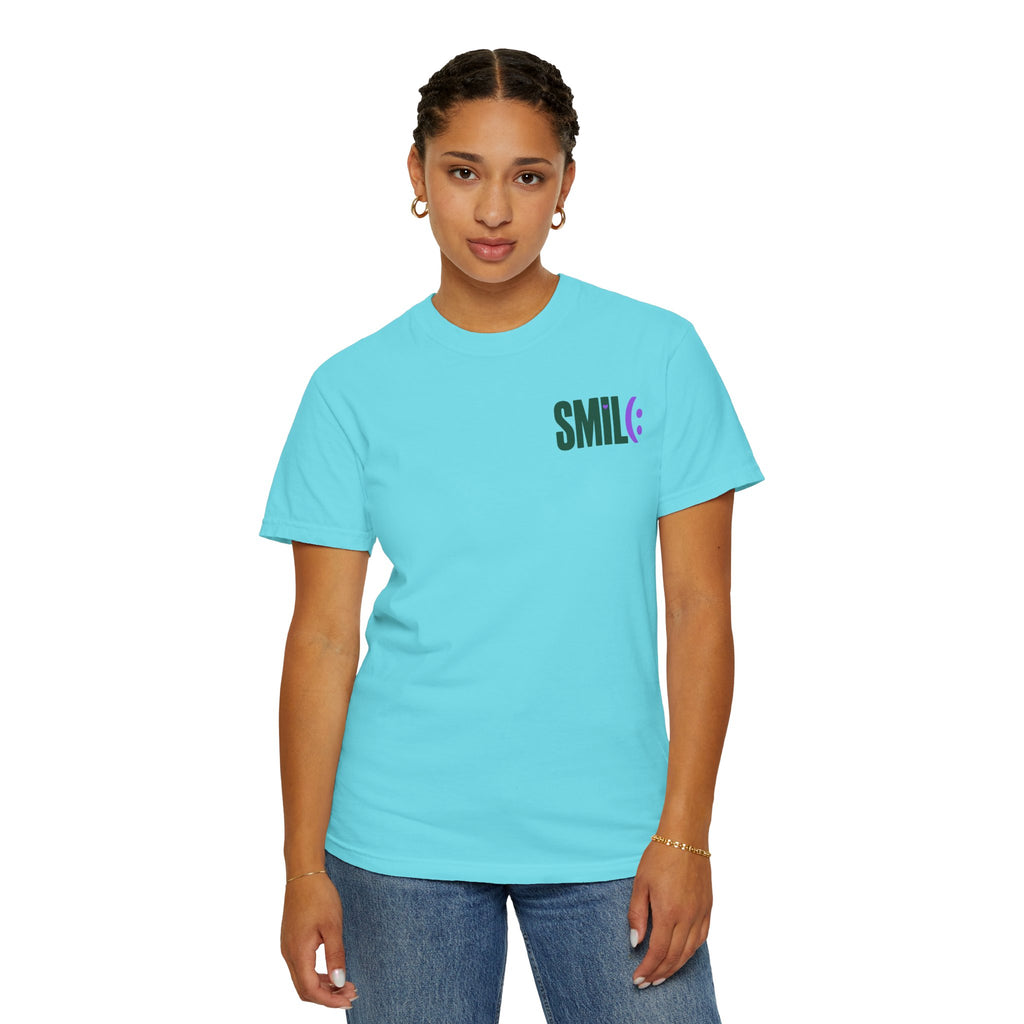 SMIL(: IT’S FREE. Green & Purple Front-and-Back Garment-Dyed Tee