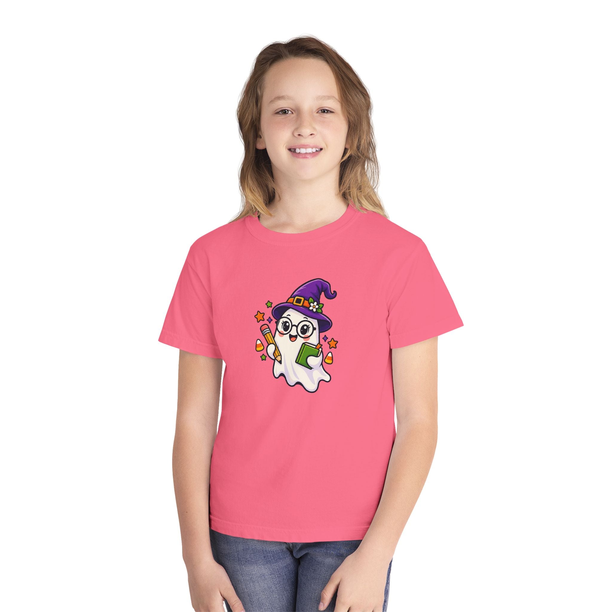 Kids Halloween Ghost Tee — Cute Witch Hat Ghost with Candy Corn & Trick-or-Treat Book