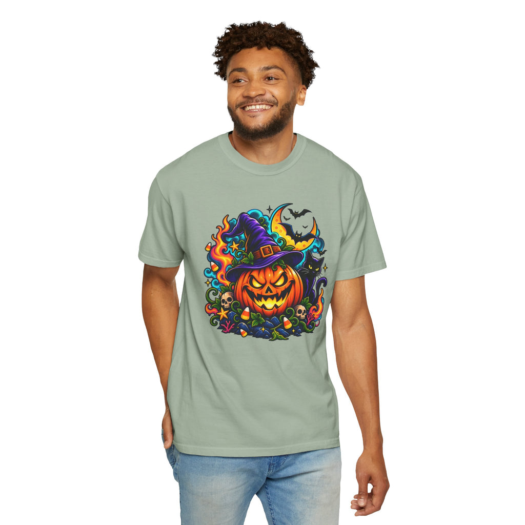 Unisex Halloween Pumpkin & Black Cat T-Shirt | Colorful Spooky Adult Tee