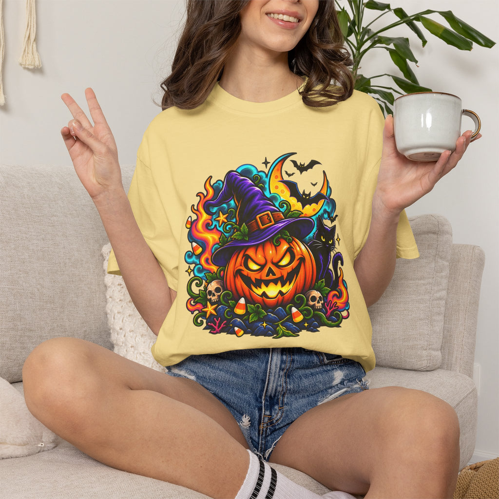 Unisex Halloween Pumpkin & Black Cat T-Shirt | Colorful Spooky Adult Tee