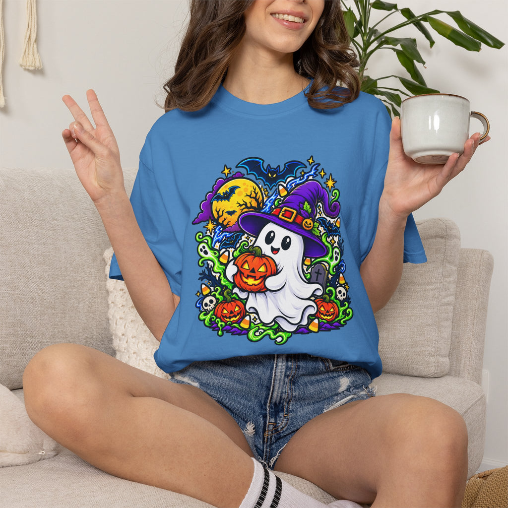 Unisex Halloween Ghost & Pumpkin Tee | Vibrant Spooky Adult Shirt