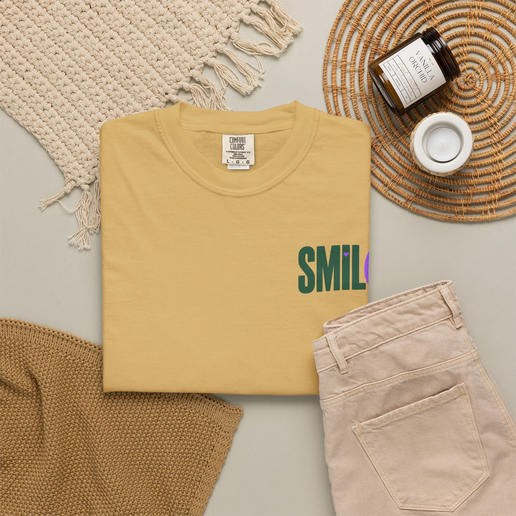 SMIL(: IT’S FREE. Green & Purple Front-and-Back Garment-Dyed Tee