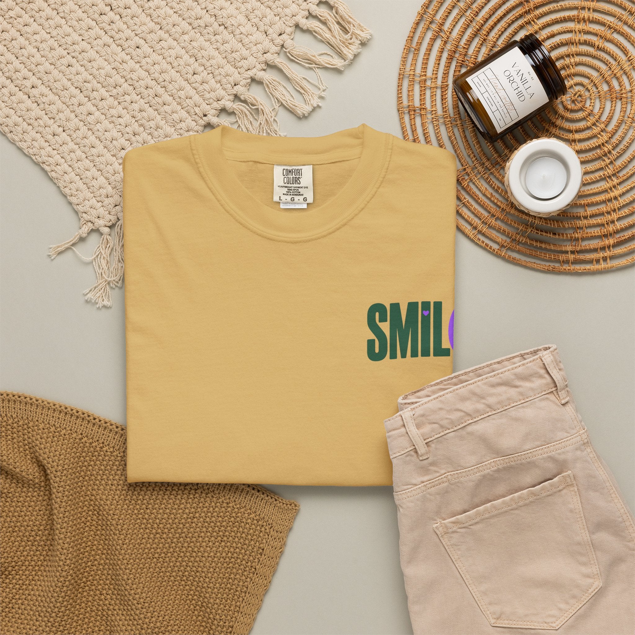 SMIL(: IT’S FREE. Green & Purple Front-and-Back Garment-Dyed Tee