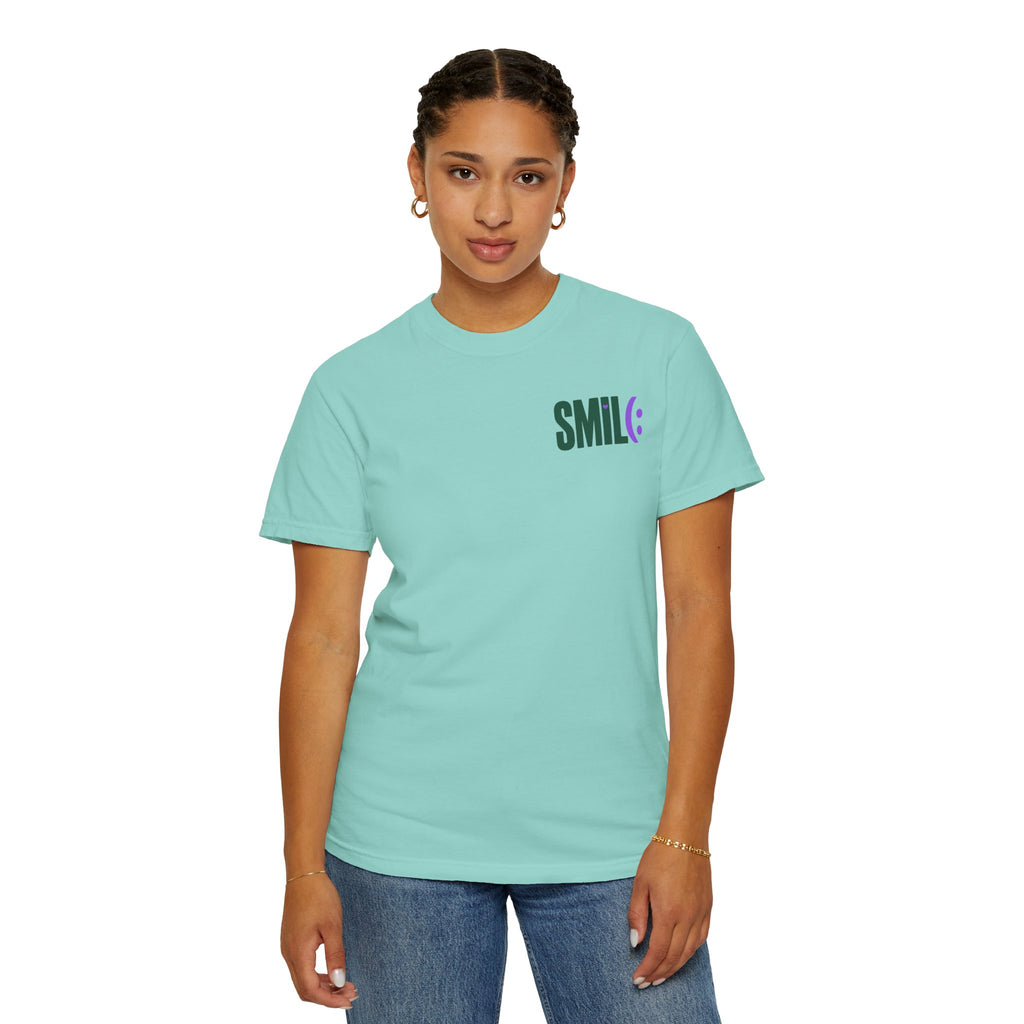 SMIL(: IT’S FREE. Green & Purple Front-and-Back Garment-Dyed Tee