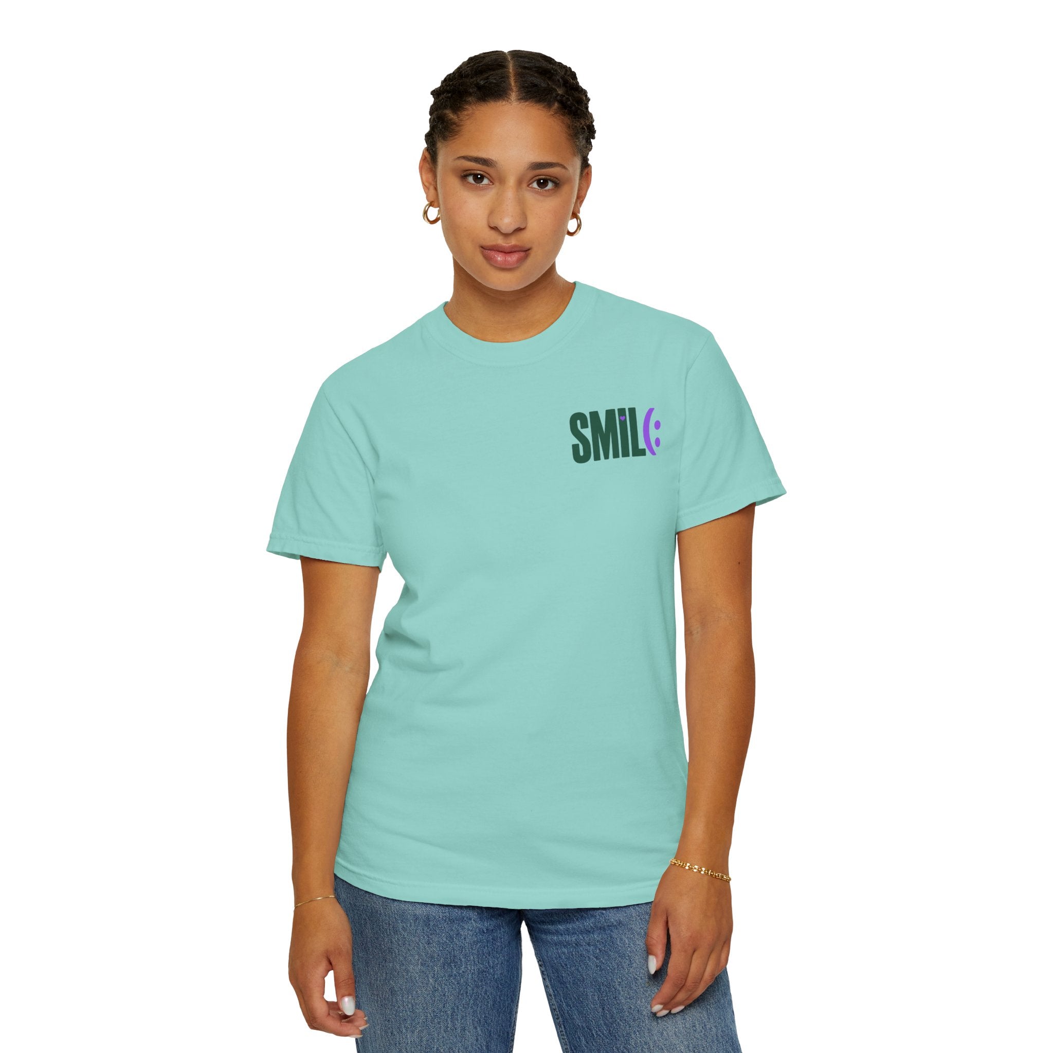 SMIL(: IT’S FREE. Green & Purple Front-and-Back Garment-Dyed Tee