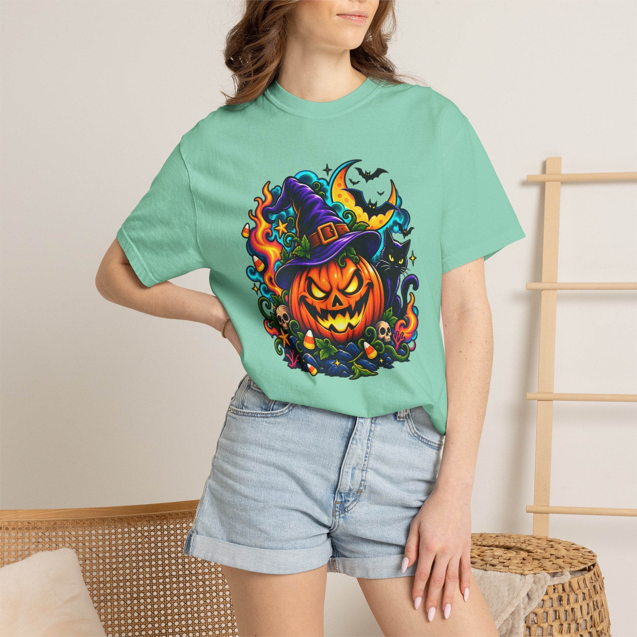 Unisex Halloween Pumpkin & Black Cat T-Shirt | Colorful Spooky Adult Tee