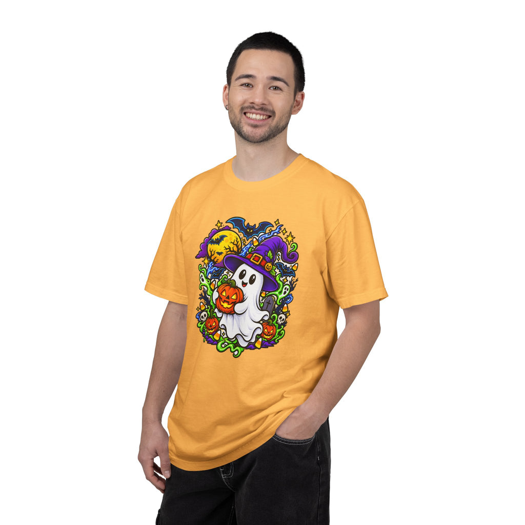 Unisex Halloween Ghost & Pumpkin Tee | Vibrant Spooky Adult Shirt