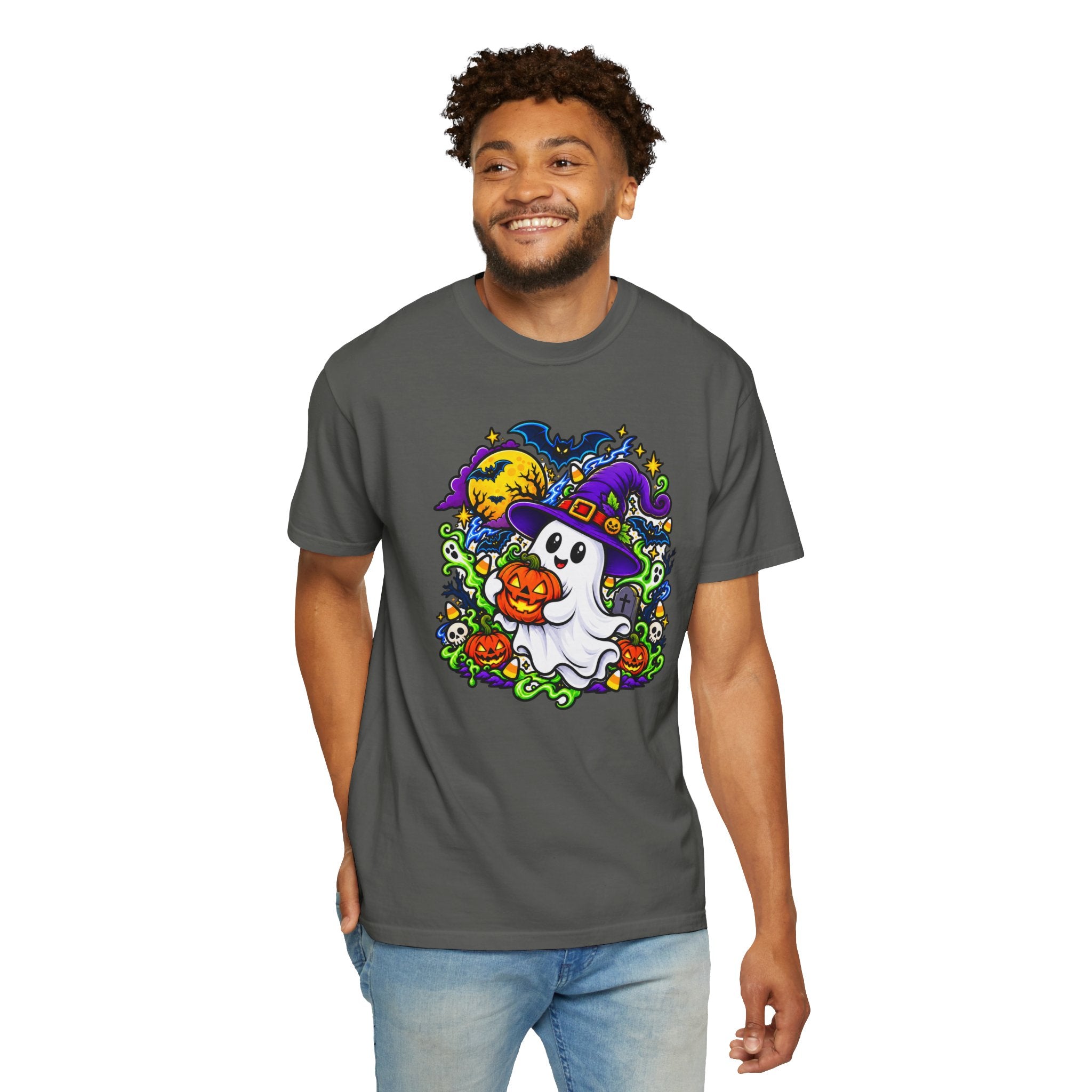 Unisex Halloween Ghost & Pumpkin Tee | Vibrant Spooky Adult Shirt